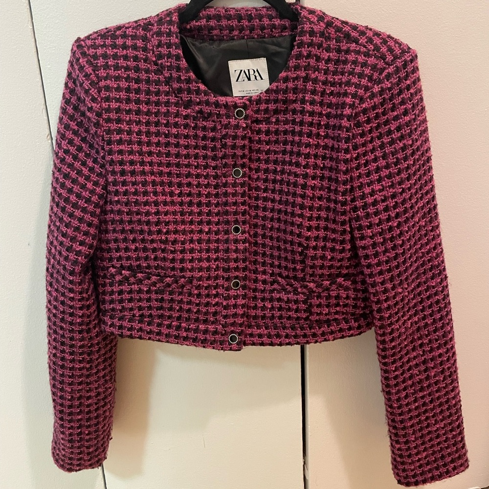 Zara Pink Purple and Black Tweed Cropped Jacket